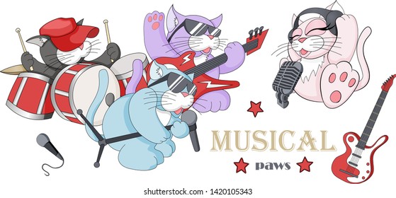 Cute music cats. Vector illustration of funny little characters playing musical instruments, singing, listening to music isolated on white background.