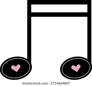 Cute music note vector illustration with heart accents, featuring a minimalist black musical note decorated with pink heart shapes.
