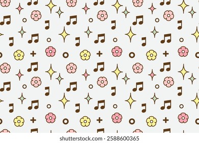 Cute music notes with flowers seamless repeat pattern