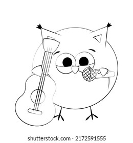 Cute music Owl with guitar and microphone. Draw illustration in black and white