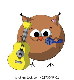 Cute music Owl with guitar and microphone. Draw illustration in color