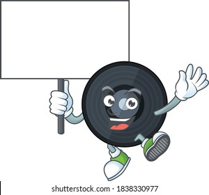 Cute music viynl disc mascot design smiley with rise up a board. Vector illustration