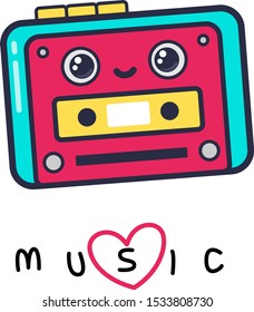 Cute musical cassette player with funny face. Vector illustration