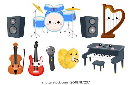 Bonito instrumento musical tambor, piano, baixo, violino, harpa estilo cartoon