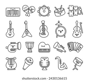 Cute musical instruments with happy face. Coloring Page. Cartoon kawaii character. Funny music stuff. Hand drawn style. Vector drawing. Collection of design elements.