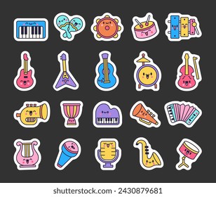 Cute musical instruments with happy face. Sticker Bookmark. Cartoon kawaii character. Funny music stuff. Hand drawn style. Vector drawing. Collection of design elements.