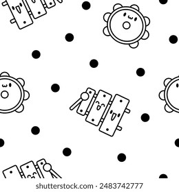 Cute musical instruments with happy face. Seamless pattern. Coloring Page. Cartoon kawaii character. Funny music stuff. Hand drawn style. Vector drawing. Design ornaments.