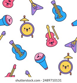 Cute musical instruments with happy face. Seamless pattern. Cartoon kawaii character. Funny music stuff. Hand drawn style. Vector drawing. Design ornaments.