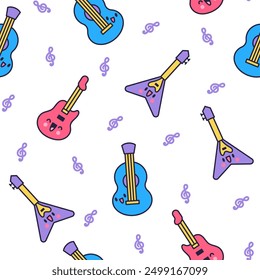 Cute musical instruments with happy face. Seamless pattern. Cartoon kawaii character. Funny music stuff. Hand drawn style. Vector drawing. Design ornaments.