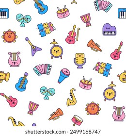 Cute musical instruments with happy face. Seamless pattern. Cartoon kawaii character. Funny music stuff. Hand drawn style. Vector drawing. Design ornaments.