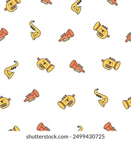Cute musical instruments with happy face. Seamless pattern. Cartoon kawaii character. Funny music stuff. Hand drawn style. Vector drawing. Design ornaments.