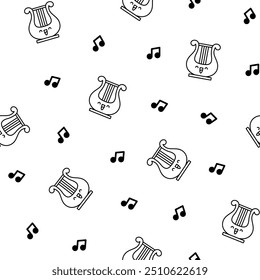 Cute musical instruments with happy face. Seamless pattern. Coloring Page. Cartoon kawaii character. Funny music stuff. Hand drawn style. Vector drawing. Design ornaments.