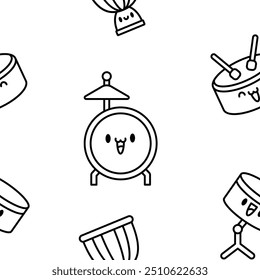 Cute musical instruments with happy face. Seamless pattern. Coloring Page. Cartoon kawaii character. Funny music stuff. Hand drawn style. Vector drawing. Design ornaments.