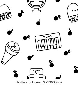 Cute musical instruments with happy face. Seamless pattern. Coloring Page. Cartoon kawaii character. Funny music stuff. Hand drawn style. Vector drawing. Design ornaments.