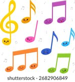 Cute musical notes characters. Kawaii melody cartoon play music. Little colorful notes sing and dance. Children musical school lesson activity. Vector Illustration