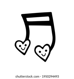 Cute musical notes with a smiling heart-shaped face. Hand-drawn vector illustration in the doodle style, isolated on a white background. A love message. For Valentine's Day cards, children's design.