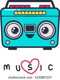 Cute Musical Record Player With Funny Face. Vector Illustration