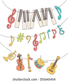 cute musical signs, notes, piano keys, children instruments hanged on a bunting. cartoon vector