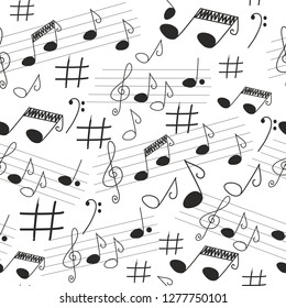 Cute musical vector seamless pattern, black and white hand drawn pink elements on bright neutral background. Cute music notes, bass key, clef, sheet music. 