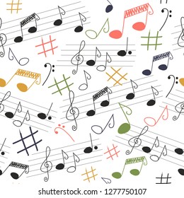 Cute musical vector seamless pattern, colorful hand drawn pink elements on bright neutral background. Cute music notes, bass key, clef, sheet music. 