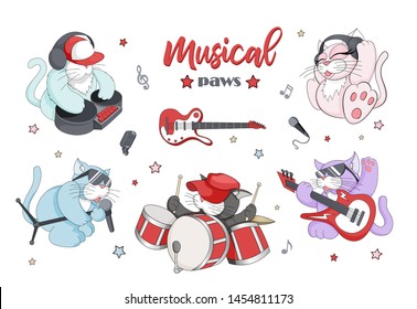 Cute musican cats. Vector set of funny little musical characters playing on different instruments, singing, listening to music isolated on white background. Musical paws band concept.