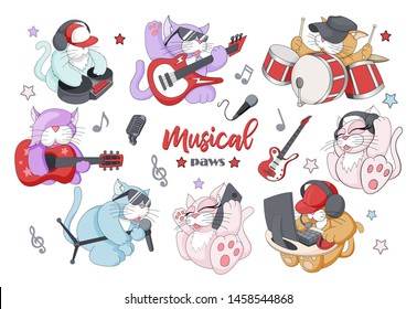 Cute musican cats. Vector set of funny little musical characters playing on different instruments, singing, listening to music isolated on white background. Musical paws band concept.