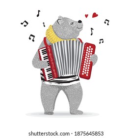 Cute musician bear. Happy teddy bear playing music with accordion in hand.Animal cartoon character.Can be used for t-shirt print,kids wear fashion design,baby shower invitation card.Fashion pattern.