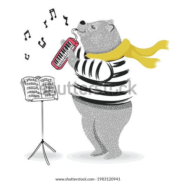 Cute musician bear. Happy teddy bear playing
music with melodica in hand.Animal cartoon character.Can be used
for t-shirt print,kids wear fashion design,baby shower invitation
card.Fashion pattern.