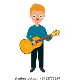 Cute musician boy playing a guitar in cartoon style. Young kid guitarist performer. Learning professions clipart for school and preschool. Vector illustration