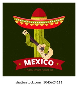 Cute musician cactus in sombrero poster design - grunge mexican vector logo illustration
