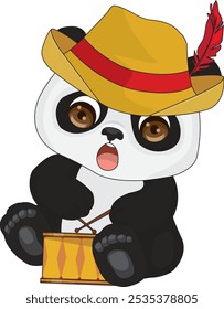 Bonito músico panda com tambor e varas chibi personagem mascote vetor