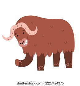 Cute musk-ox character, adorable wild northern muskox bull with huge horns standing and smiling, cute children illustration, flat vector isolated on white background