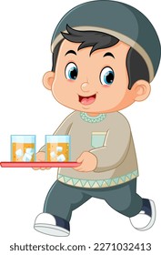 a cute Muslim boy brings two glasses of fresh orange ice on a tray of illustration