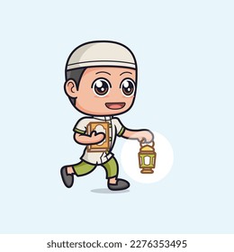 cute muslim boy cartoon with lantern