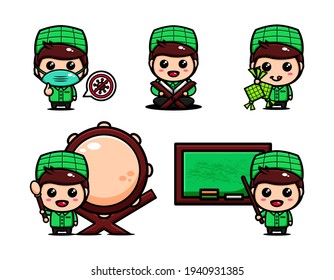Cute muslim boy character design with many expression. Islamic character cartoon