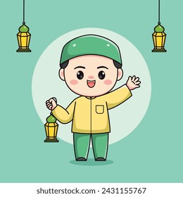 Cute muslim boy character holding lantern