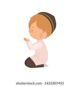 Cute Muslim Boy Character Kneeling and Praying Cartoon Vector Illustration