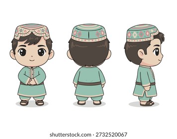 A cute Muslim boy character shown from front, back, and side views, wearing traditional attire and a kufi cap.