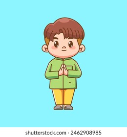 Lindo niño musulmán niño a ambos lados de la mano disculparse kawaii chibi personaje mascota conjunto de ilustración