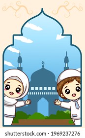 Cute muslim boy and girl celebrating mubarak cartoon illustration