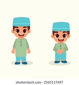 Cute Muslim Boy and Girl Character. Vector illustration in cartoon style
