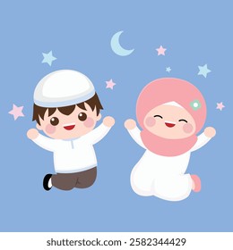 Cute Muslim boy and girl happily jumping