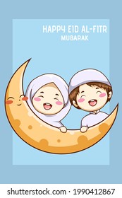 Cute muslim boy and girl with cute moon celebrating mubarak cartoon illustration