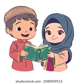 Cute Muslim boy and girl reading the Quran in traditional attire.