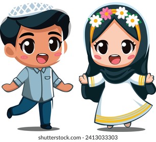 Niña y niño musulmán con ropa tradicional Ilustración vectorial