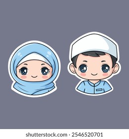 Menino e menina muçulmano bonito usando hijab. Ilustração vetorial.