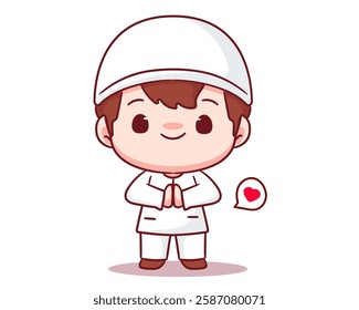 Cute muslim boy greeting pose cartoon character. Happy Eid Ramadan Islamic Concept design. Kawaii and adorable vector illustration.