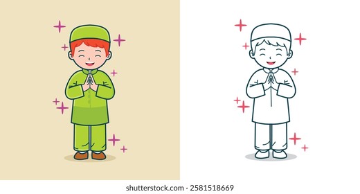 A cute Muslim boy greetings for Ramadhan design element or coloring book element