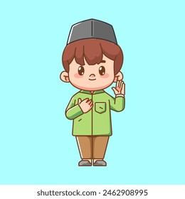 Cute muslim boy hand on chest child kawaii chibi character mascot illustration outline set