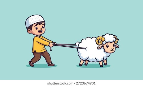 A cute Muslim boy is happily pulling a sheep, preparing for the festive occasion of Eid al-Adha, symbolizing sacrifice and devotion.